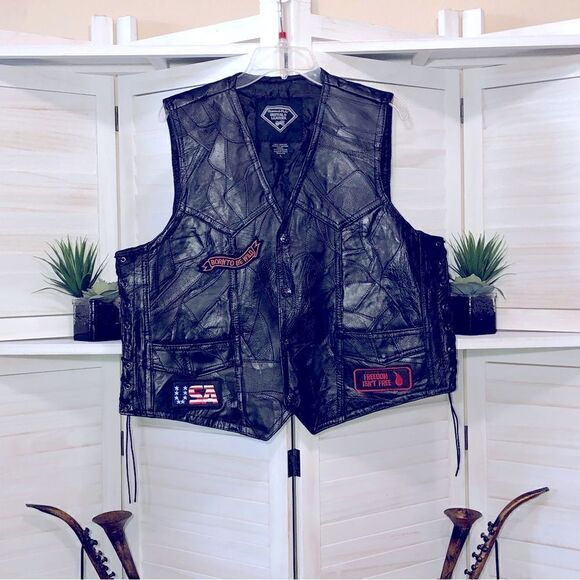 Diamond Plate Buffalo Leather Eagle Patch Biker Vest Large - Picture 2 of 9